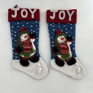 2 Vintage Snowman Felt Applique Christmas Stocking 3D Fleece Knit Pom Stitch 21"